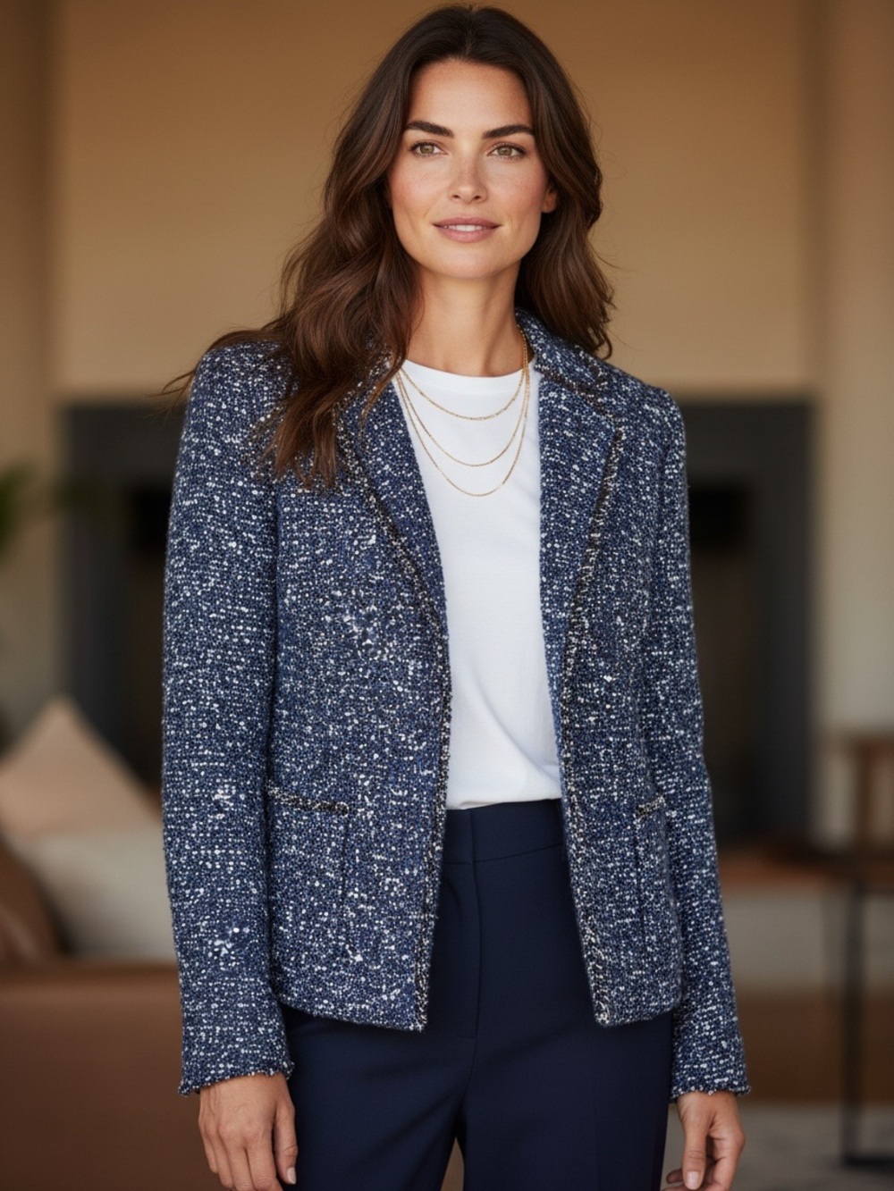 Hugo Boss Julira Tweed Lady Jacket Blazer Frayed Edges US 6 In Pilot Fantasy